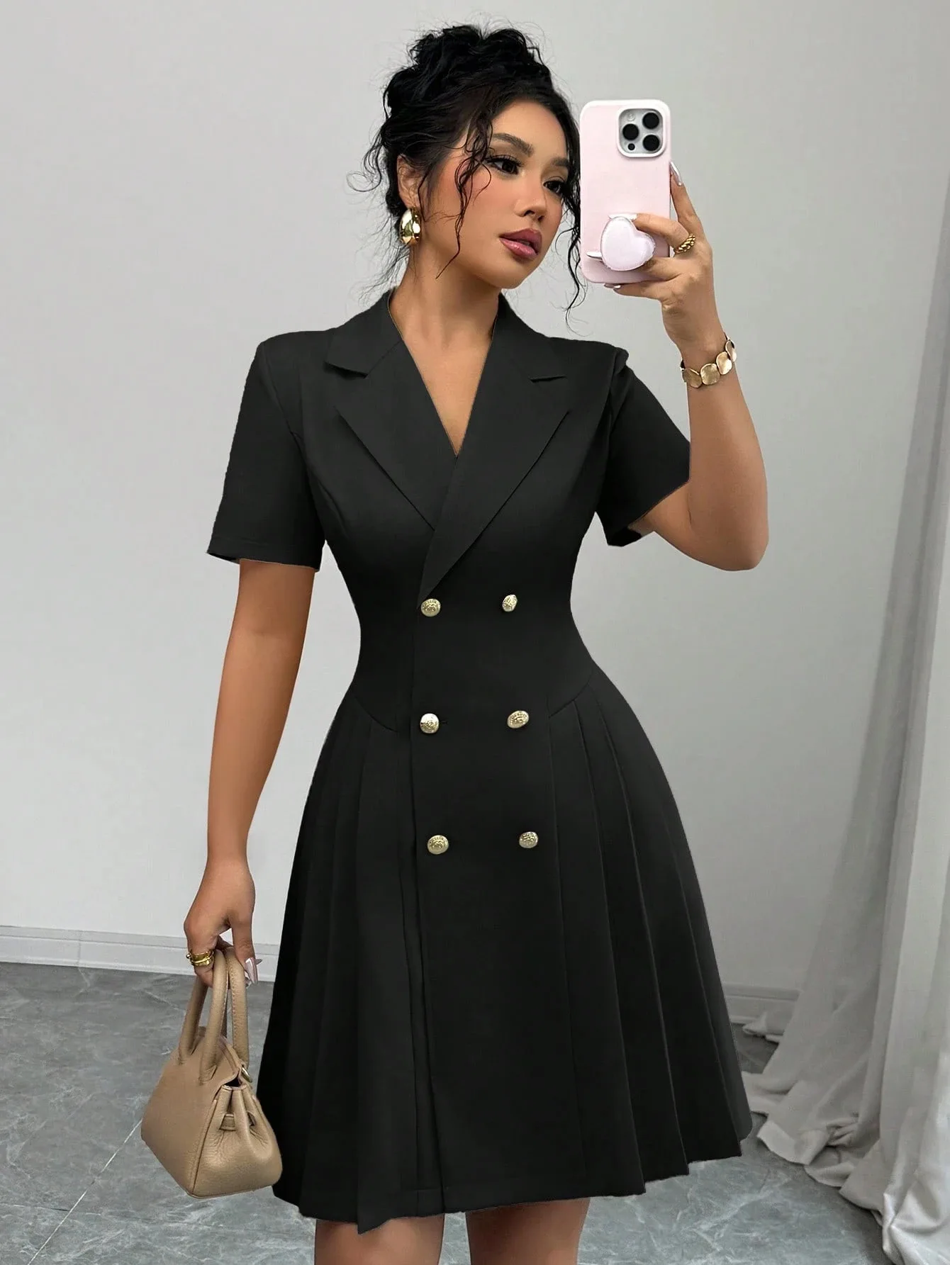 Elegant and Formal Women's Dresses Notched Lapel Collar Short Sleeve Double Breasted Flared Skirt Formal Office Blazer Dress