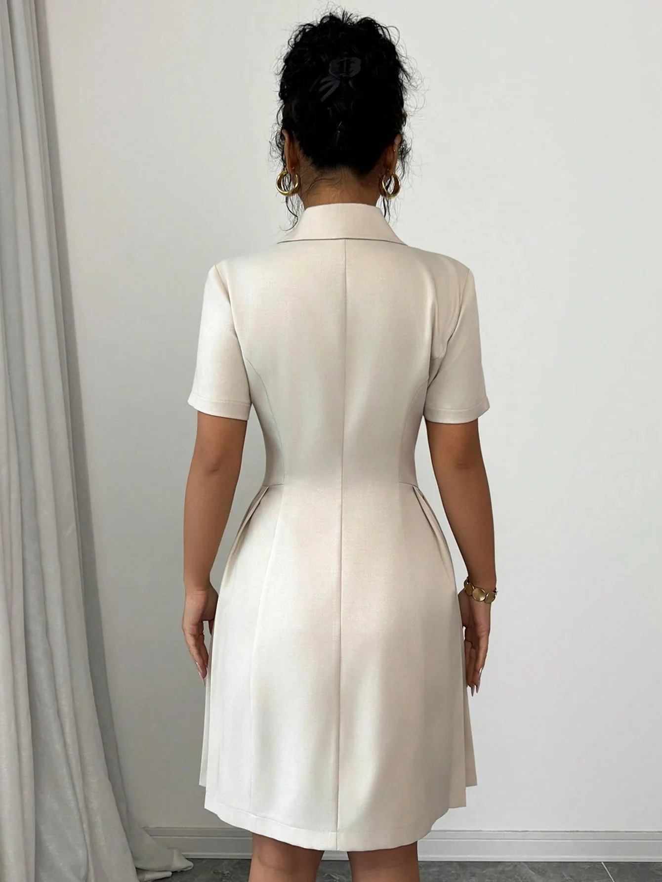 Elegant and Formal Women's Dresses Notched Lapel Collar Short Sleeve Double Breasted Flared Skirt Formal Office Blazer Dress