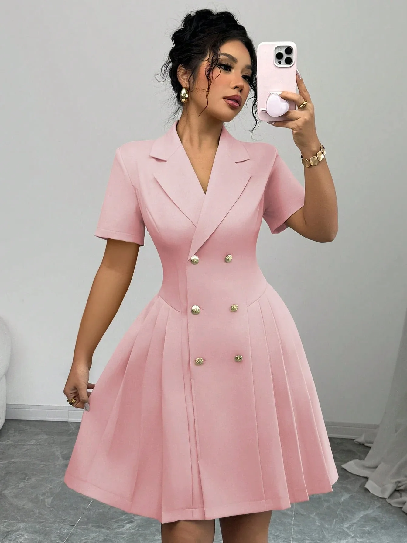 Elegant and Formal Women's Dresses Notched Lapel Collar Short Sleeve Double Breasted Flared Skirt Formal Office Blazer Dress