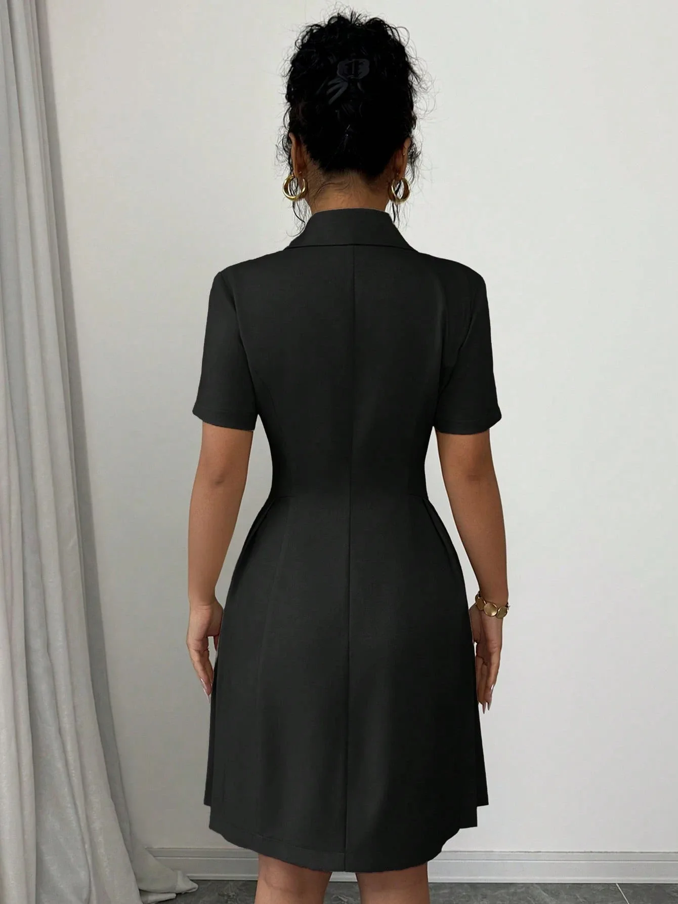 Elegant and Formal Women's Dresses Notched Lapel Collar Short Sleeve Double Breasted Flared Skirt Formal Office Blazer Dress