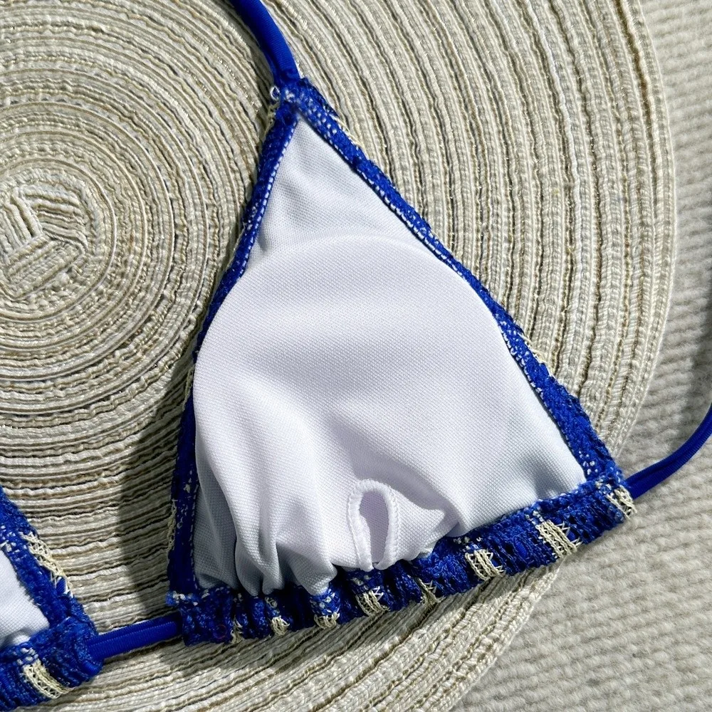Fashion Stripes 3 in 1 Swimwear Set Lace Up Slim Fit Bikini Bathing Suit Deep-V Sleeveless Knitting Swimsuit Vacation