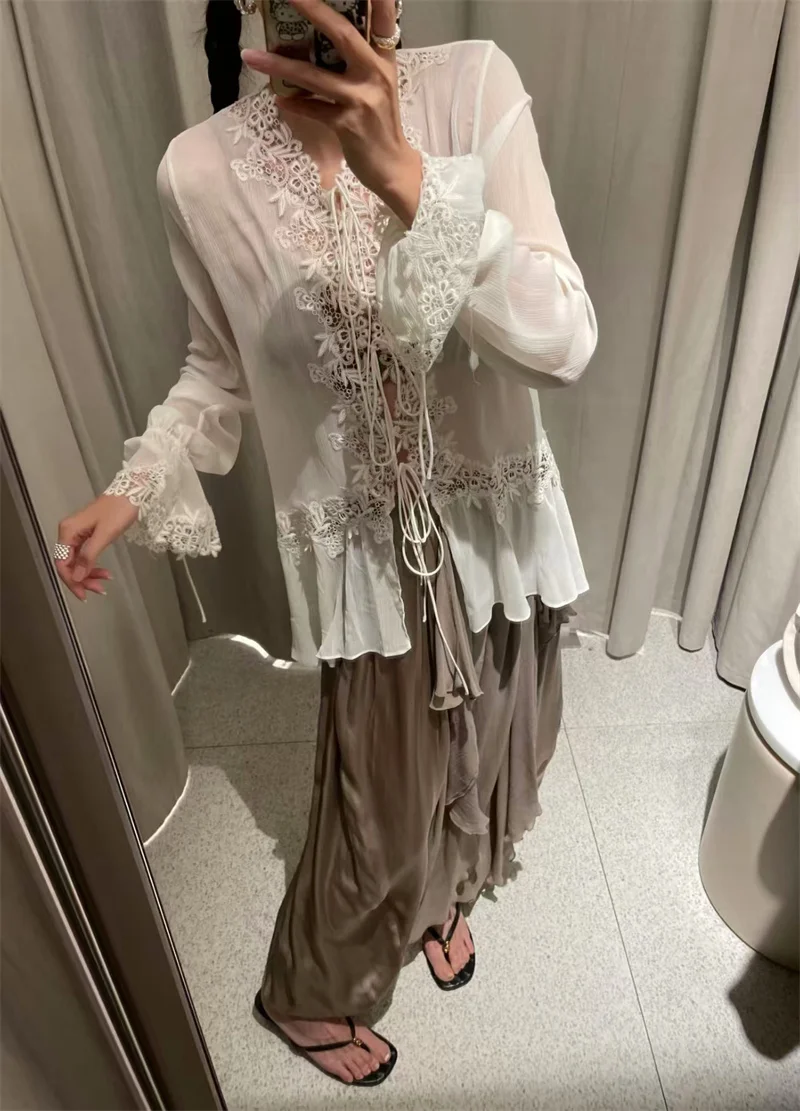 Guobioziy 2026 Women's Shirt Fall New Beige Long-Sleeve Sheer Lace Patchwork Lightweight Romantic Fashionable Unique Flowing