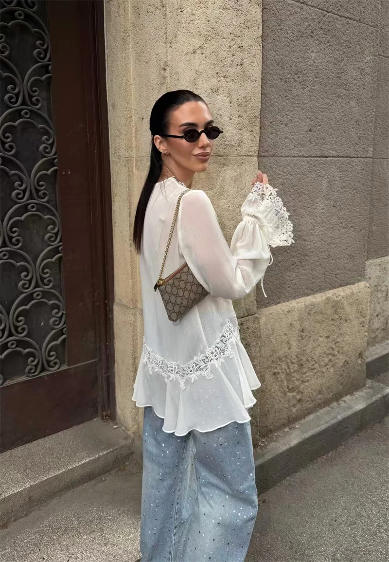 Guobioziy 2026 Women's Shirt Fall New Beige Long-Sleeve Sheer Lace Patchwork Lightweight Romantic Fashionable Unique Flowing
