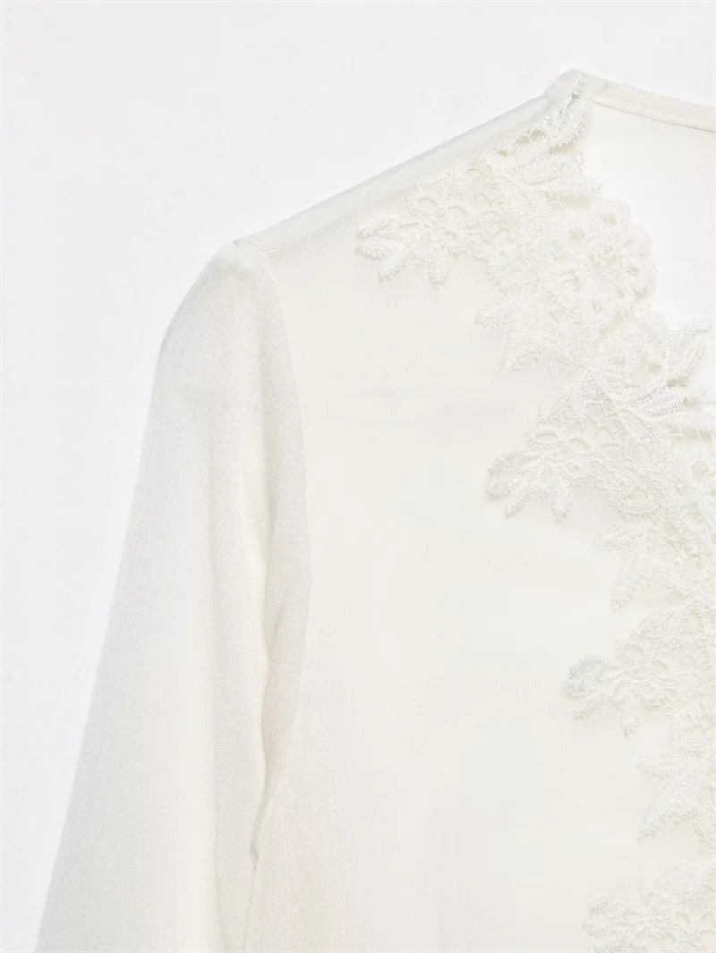 Guobioziy 2026 Women's Shirt Fall New Beige Long-Sleeve Sheer Lace Patchwork Lightweight Romantic Fashionable Unique Flowing