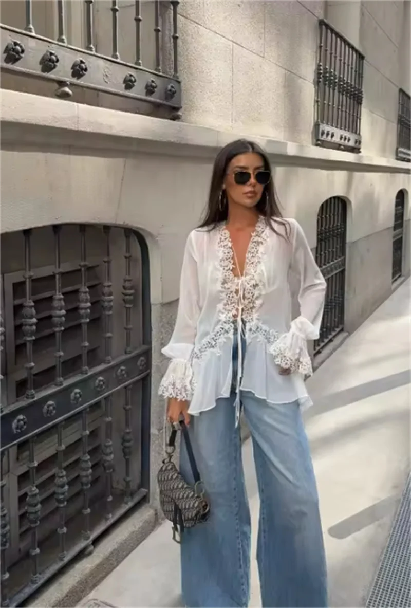 Guobioziy 2026 Women's Shirt Fall New Beige Long-Sleeve Sheer Lace Patchwork Lightweight Romantic Fashionable Unique Flowing
