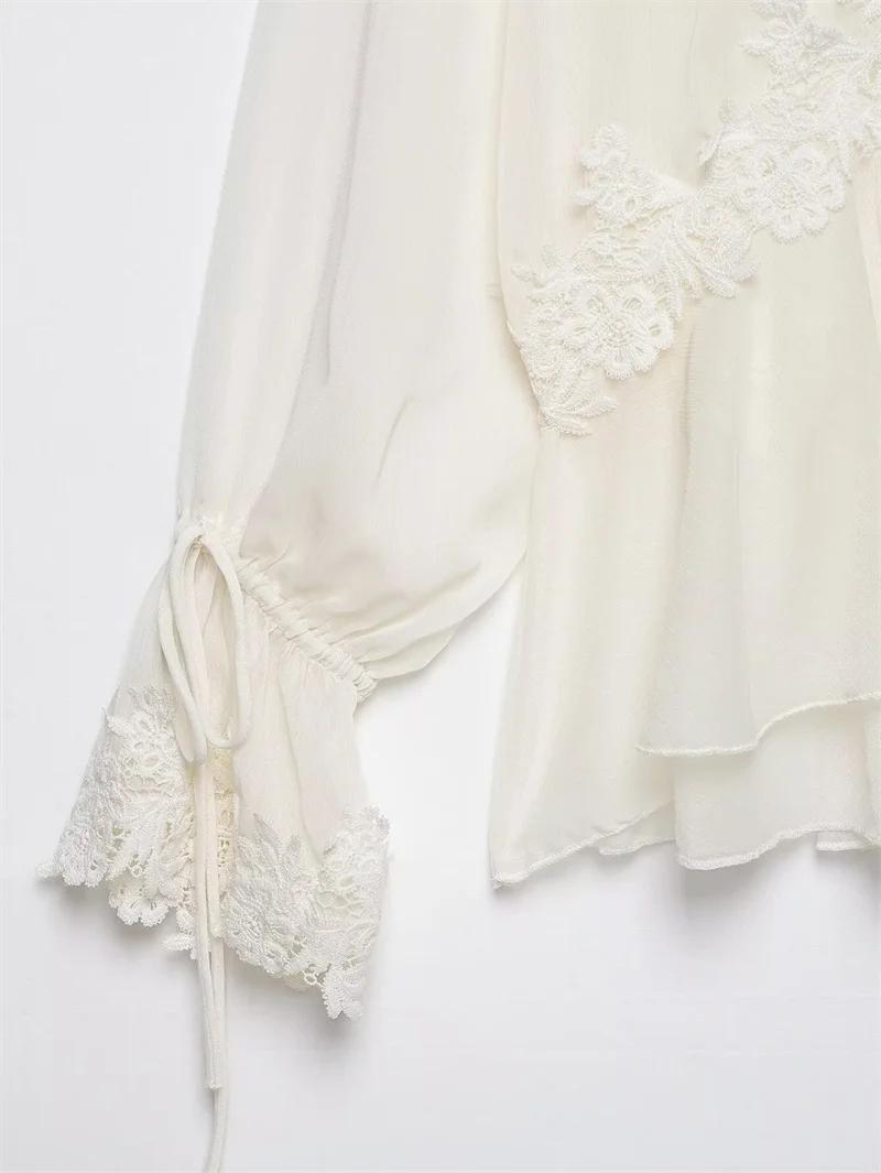 Guobioziy 2026 Women's Shirt Fall New Beige Long-Sleeve Sheer Lace Patchwork Lightweight Romantic Fashionable Unique Flowing