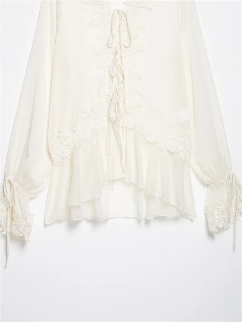 Guobioziy 2026 Women's Shirt Fall New Beige Long-Sleeve Sheer Lace Patchwork Lightweight Romantic Fashionable Unique Flowing