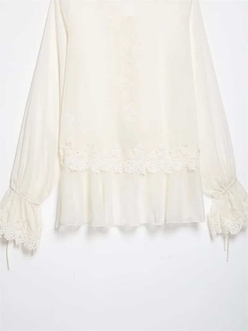 Guobioziy 2026 Women's Shirt Fall New Beige Long-Sleeve Sheer Lace Patchwork Lightweight Romantic Fashionable Unique Flowing