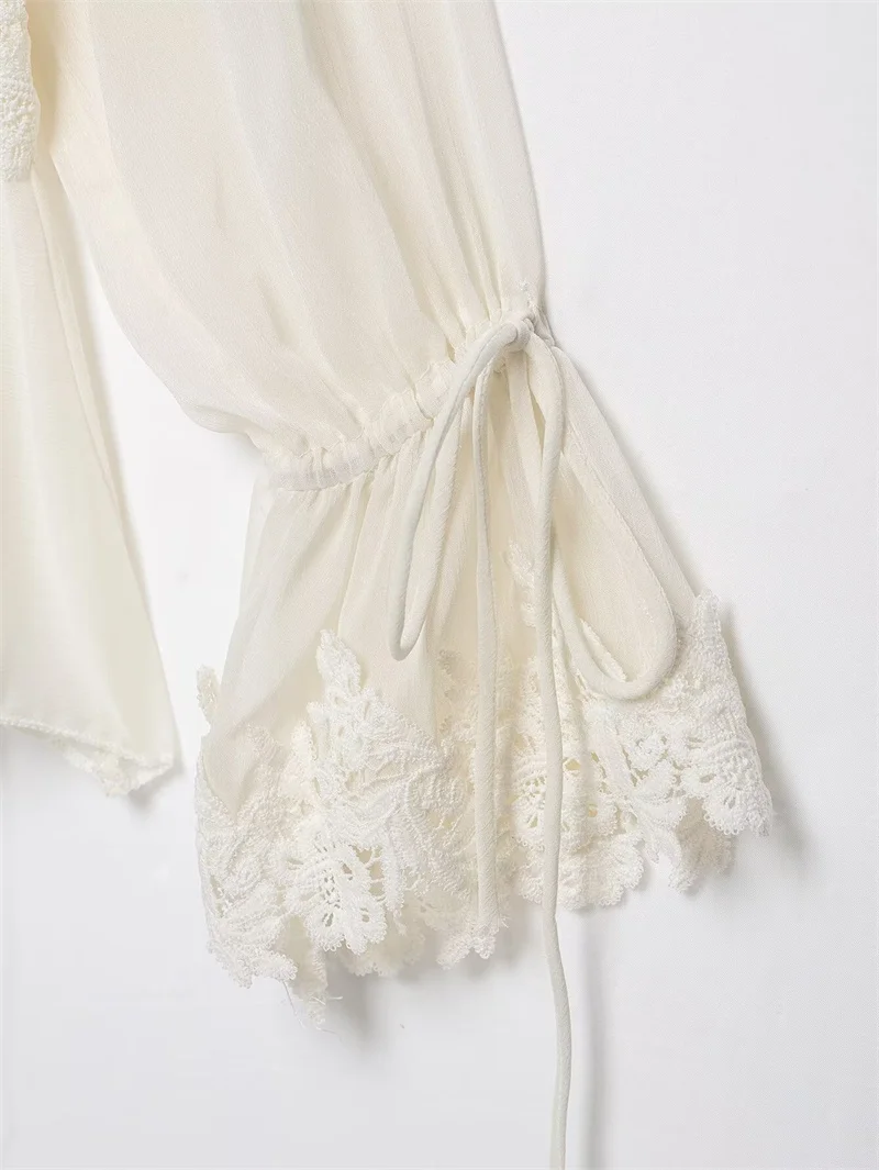 Guobioziy 2026 Women's Shirt Fall New Beige Long-Sleeve Sheer Lace Patchwork Lightweight Romantic Fashionable Unique Flowing