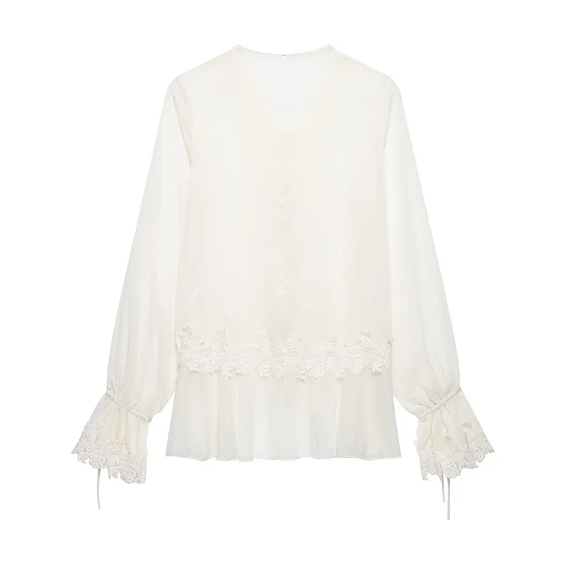 Guobioziy 2026 Women's Shirt Fall New Beige Long-Sleeve Sheer Lace Patchwork Lightweight Romantic Fashionable Unique Flowing
