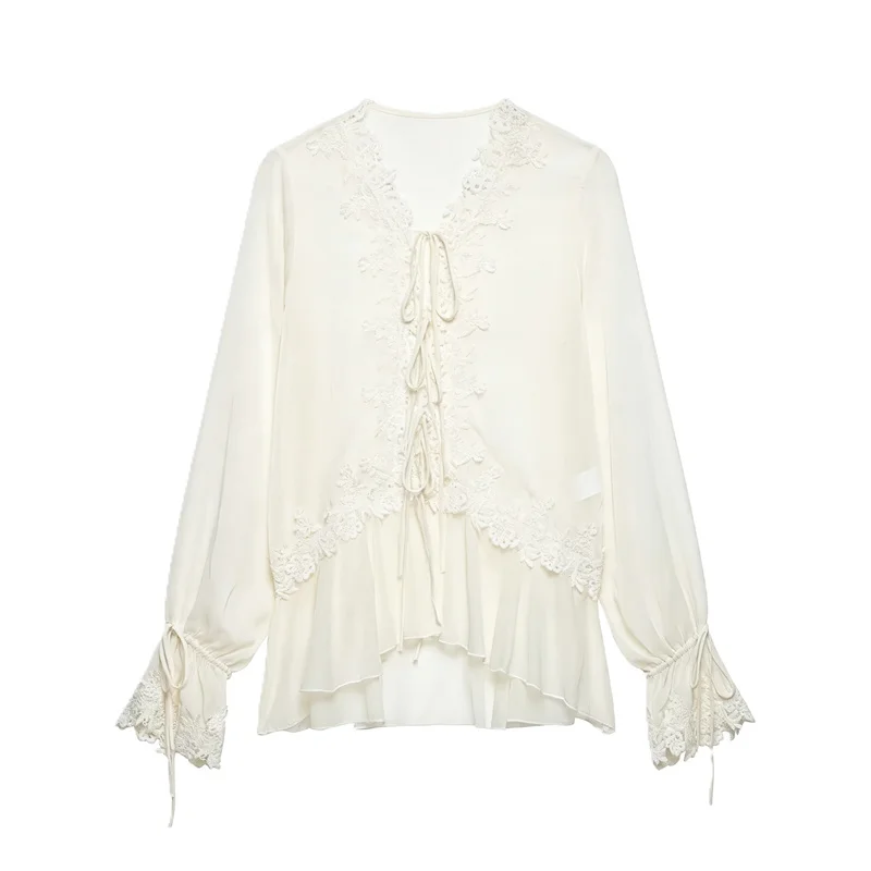 Guobioziy 2026 Women's Shirt Fall New Beige Long-Sleeve Sheer Lace Patchwork Lightweight Romantic Fashionable Unique Flowing