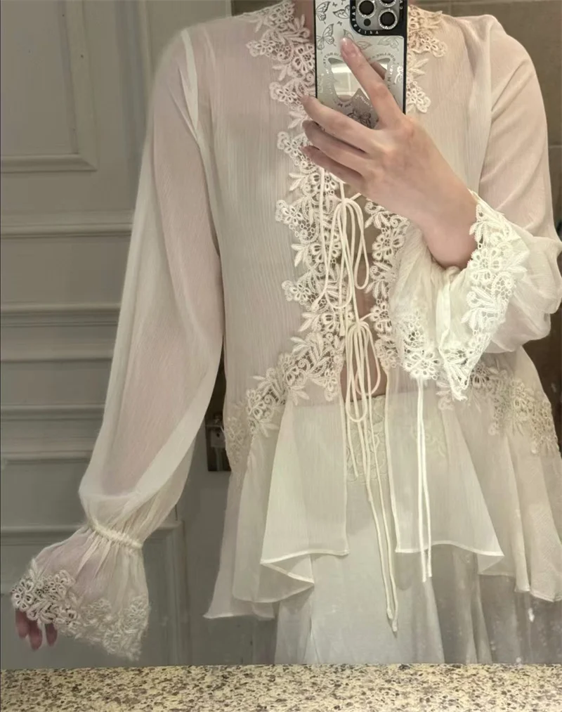 Guobioziy 2026 Women's Shirt Fall New Beige Long-Sleeve Sheer Lace Patchwork Lightweight Romantic Fashionable Unique Flowing