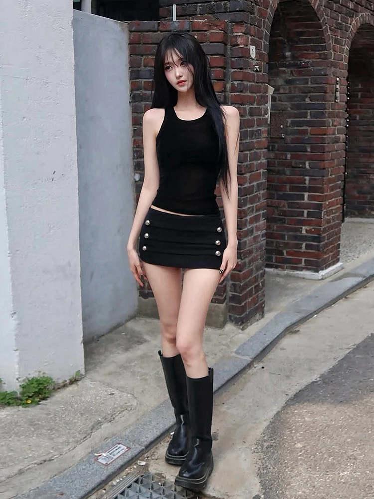 Weird Puss Double-Breasted Decoration Short Women Folds Elastic Waist High Elasticity Hottie Midnight Summer Fashion Streetwear