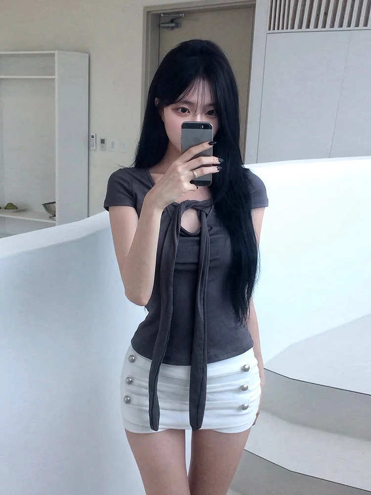 Weird Puss Double-Breasted Decoration Short Women Folds Elastic Waist High Elasticity Hottie Midnight Summer Fashion Streetwear