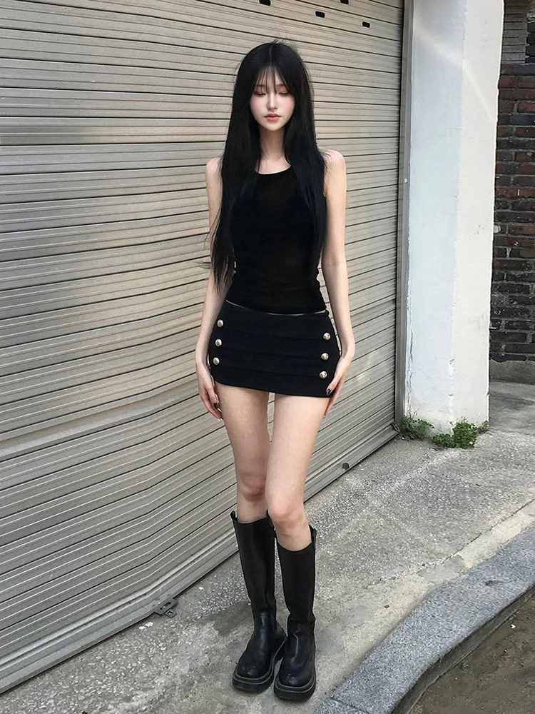 Weird Puss Double-Breasted Decoration Short Women Folds Elastic Waist High Elasticity Hottie Midnight Summer Fashion Streetwear