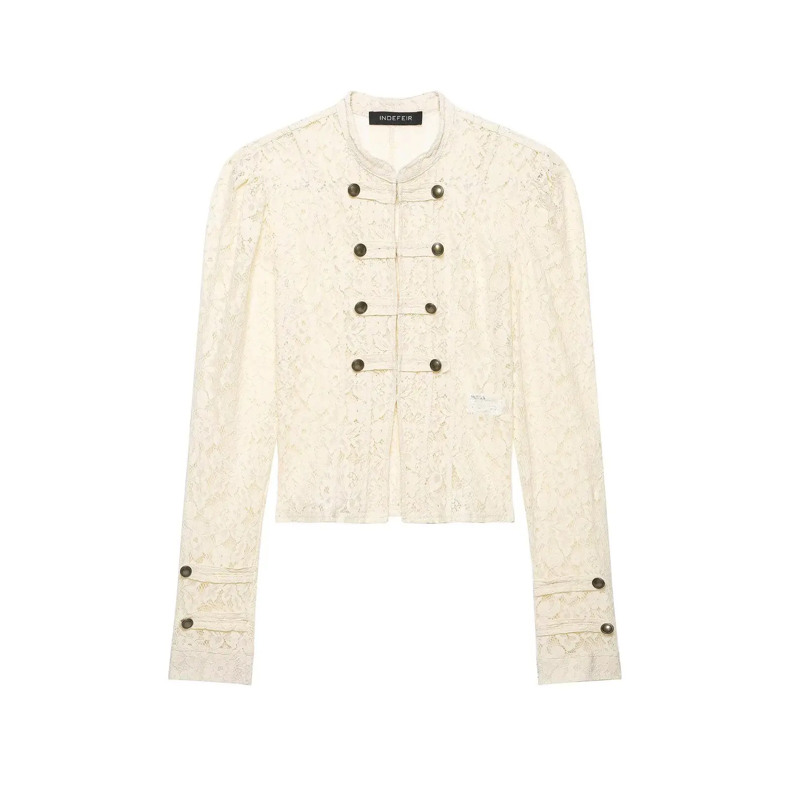 BSAY French Vintage Floral Lace Cropped Jacket Mandarin Collar Frog Knot Buttons Puff Long Sleeve Slim Retro Outerwear For Women