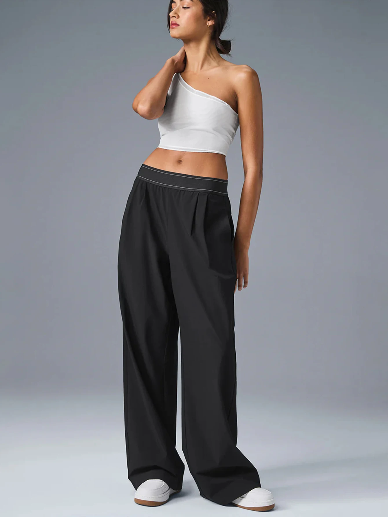 Women Lightweight Quick Dry Wide Leg Athletic Pants Elastic High Waist Pleated Straight Trousers With Pockets Loose Fit Workout