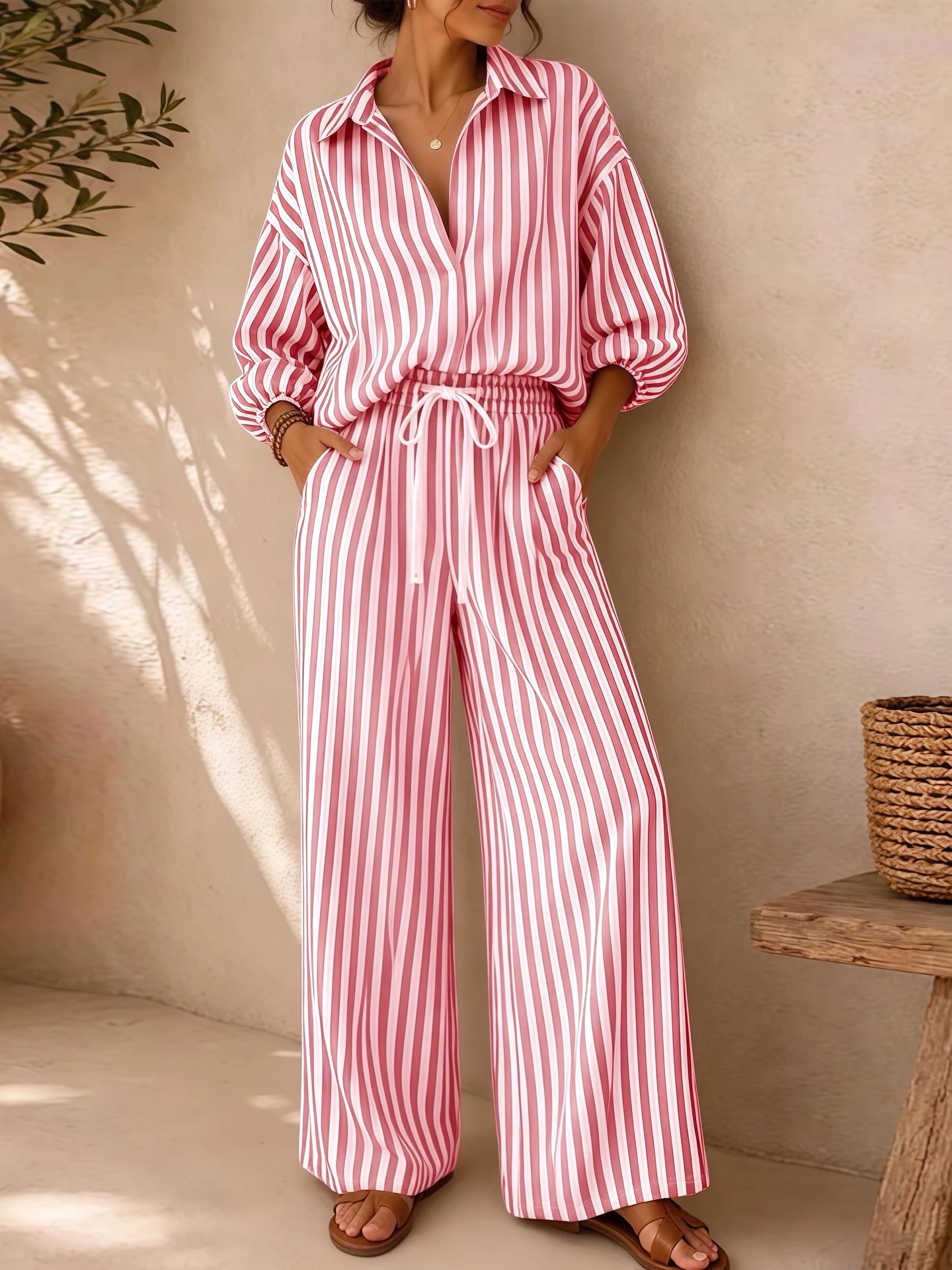 Women's Summer Striped V-Neck 3/4 Sleeve Top + Drawstring Straight-Leg Pants Set – Breathable, Elegant, Loose-Fit Casual Wear