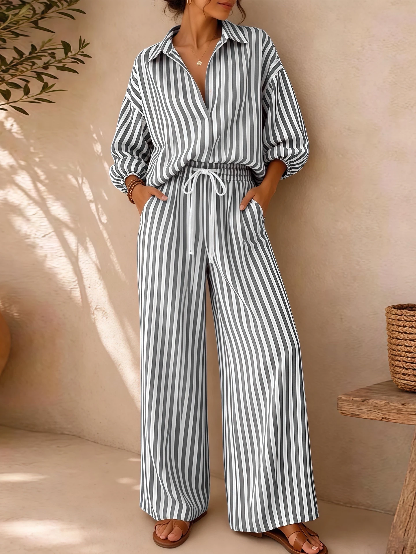 Women's Summer Striped V-Neck 3/4 Sleeve Top + Drawstring Straight-Leg Pants Set – Breathable, Elegant, Loose-Fit Casual Wear