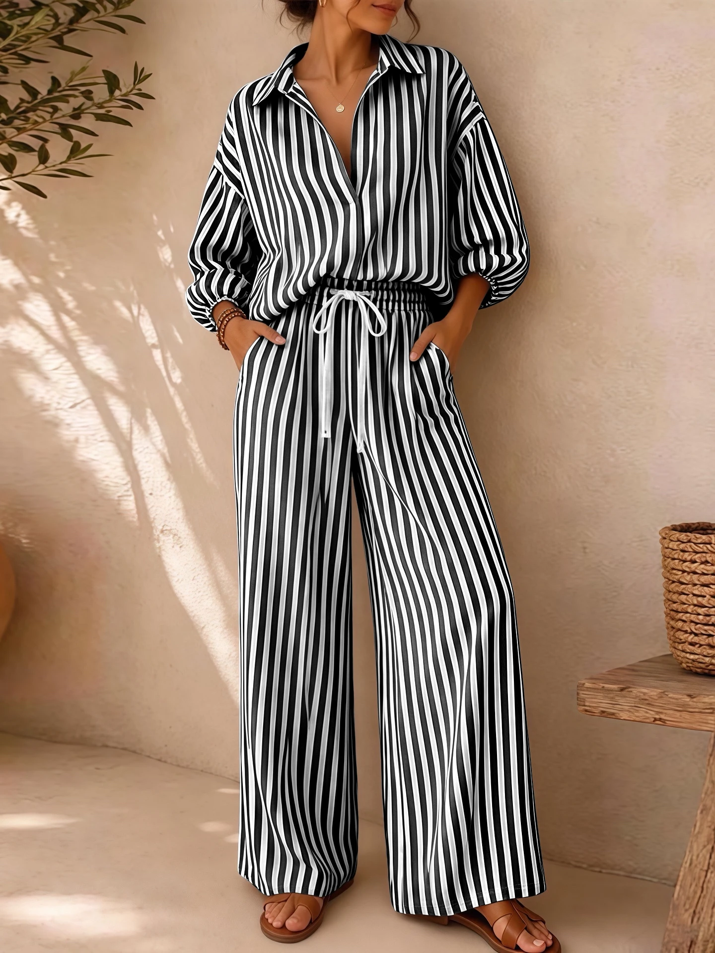 Women's Summer Striped V-Neck 3/4 Sleeve Top + Drawstring Straight-Leg Pants Set – Breathable, Elegant, Loose-Fit Casual Wear