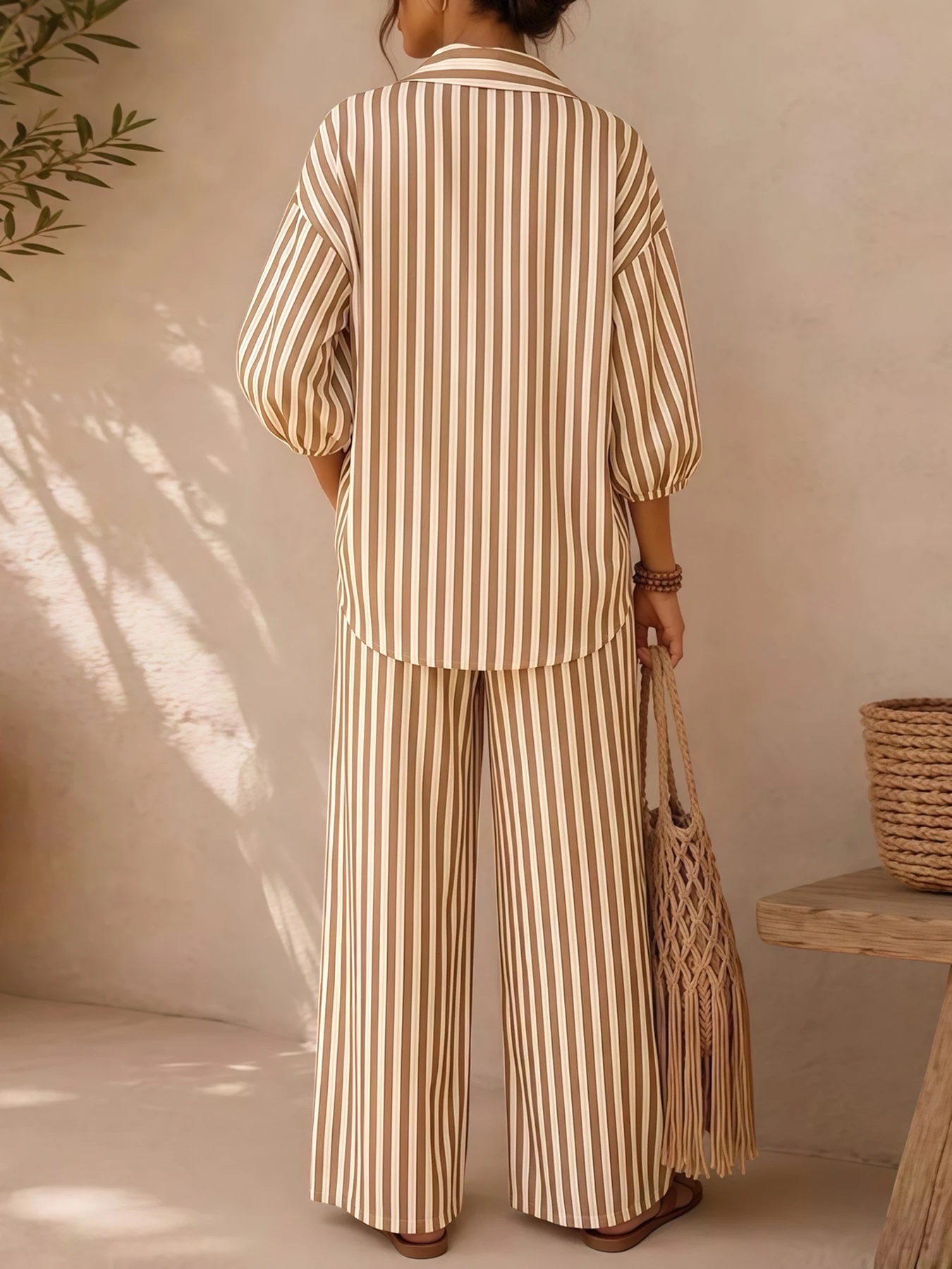 Women's Summer Striped V-Neck 3/4 Sleeve Top + Drawstring Straight-Leg Pants Set – Breathable, Elegant, Loose-Fit Casual Wear