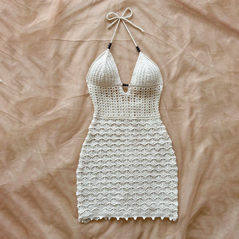 Women's White Crochet Halter Neck Sleeveless Dress