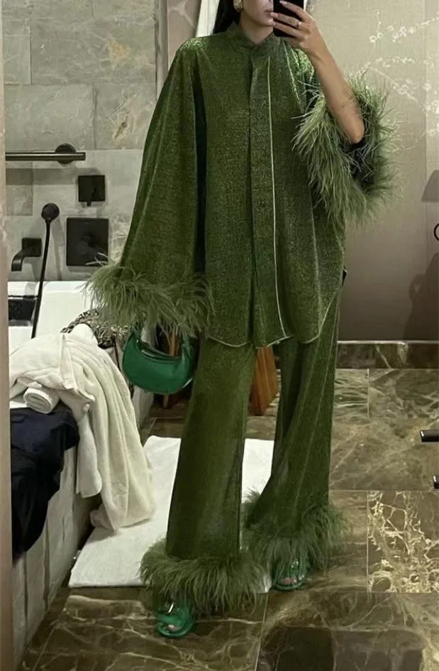 New Women's Feathers Splice Two Piece Sets Solid Stand Collar Button Long Sleeve Shirt Pants Suit Spring Elegant Women Outfits