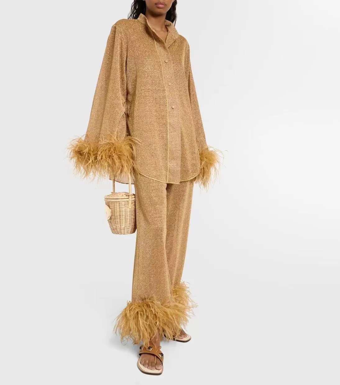 New Women's Feathers Splice Two Piece Sets Solid Stand Collar Button Long Sleeve Shirt Pants Suit Spring Elegant Women Outfits