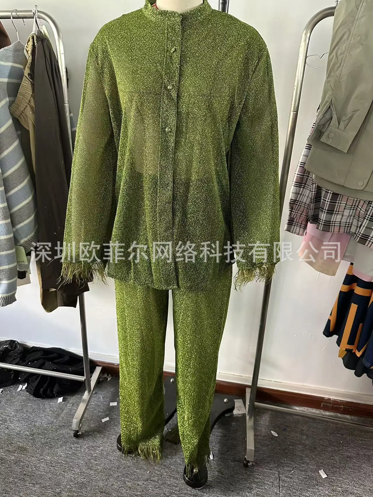 New Women's Feathers Splice Two Piece Sets Solid Stand Collar Button Long Sleeve Shirt Pants Suit Spring Elegant Women Outfits