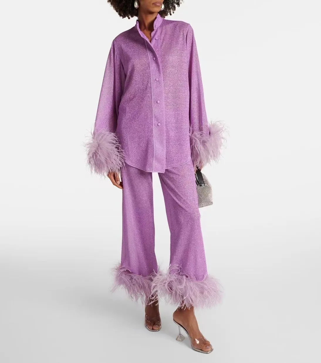 New Women's Feathers Splice Two Piece Sets Solid Stand Collar Button Long Sleeve Shirt Pants Suit Spring Elegant Women Outfits