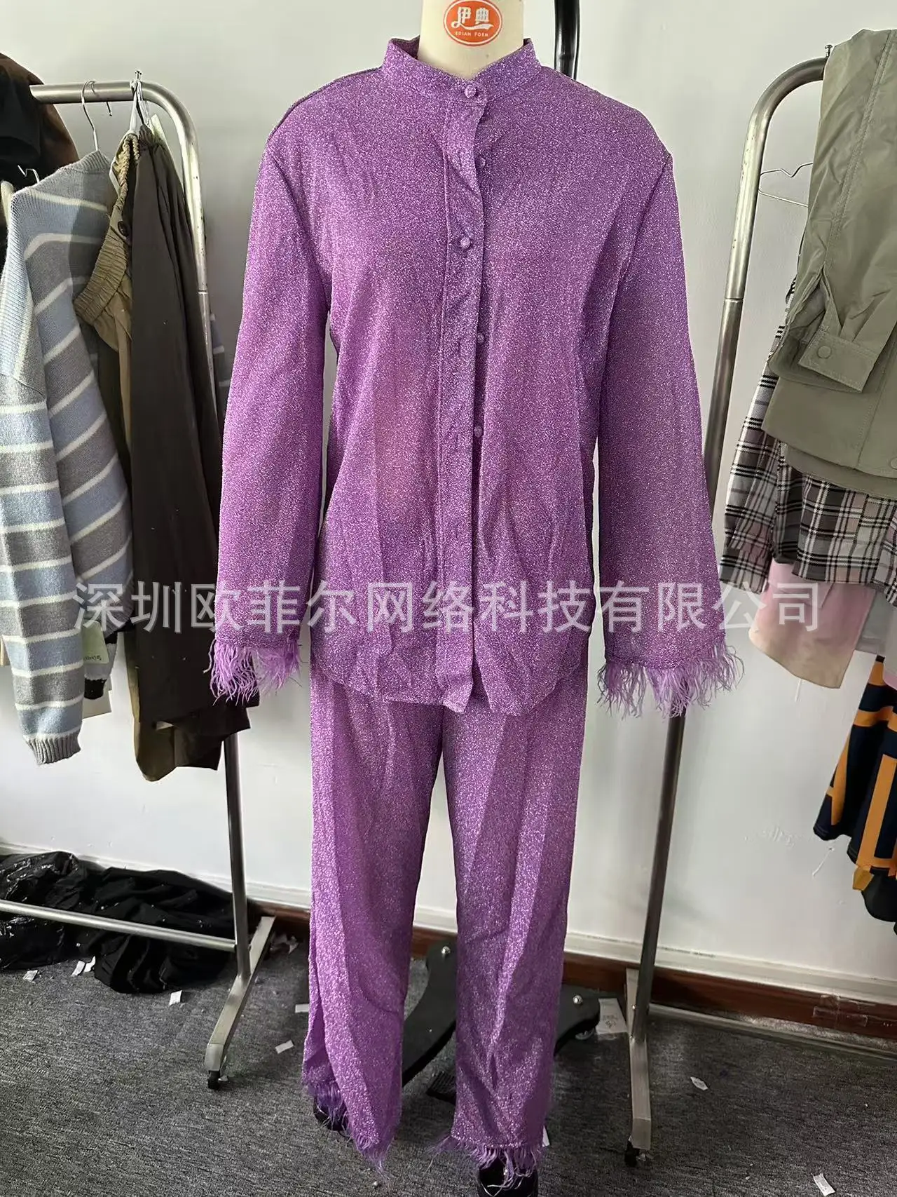 New Women's Feathers Splice Two Piece Sets Solid Stand Collar Button Long Sleeve Shirt Pants Suit Spring Elegant Women Outfits