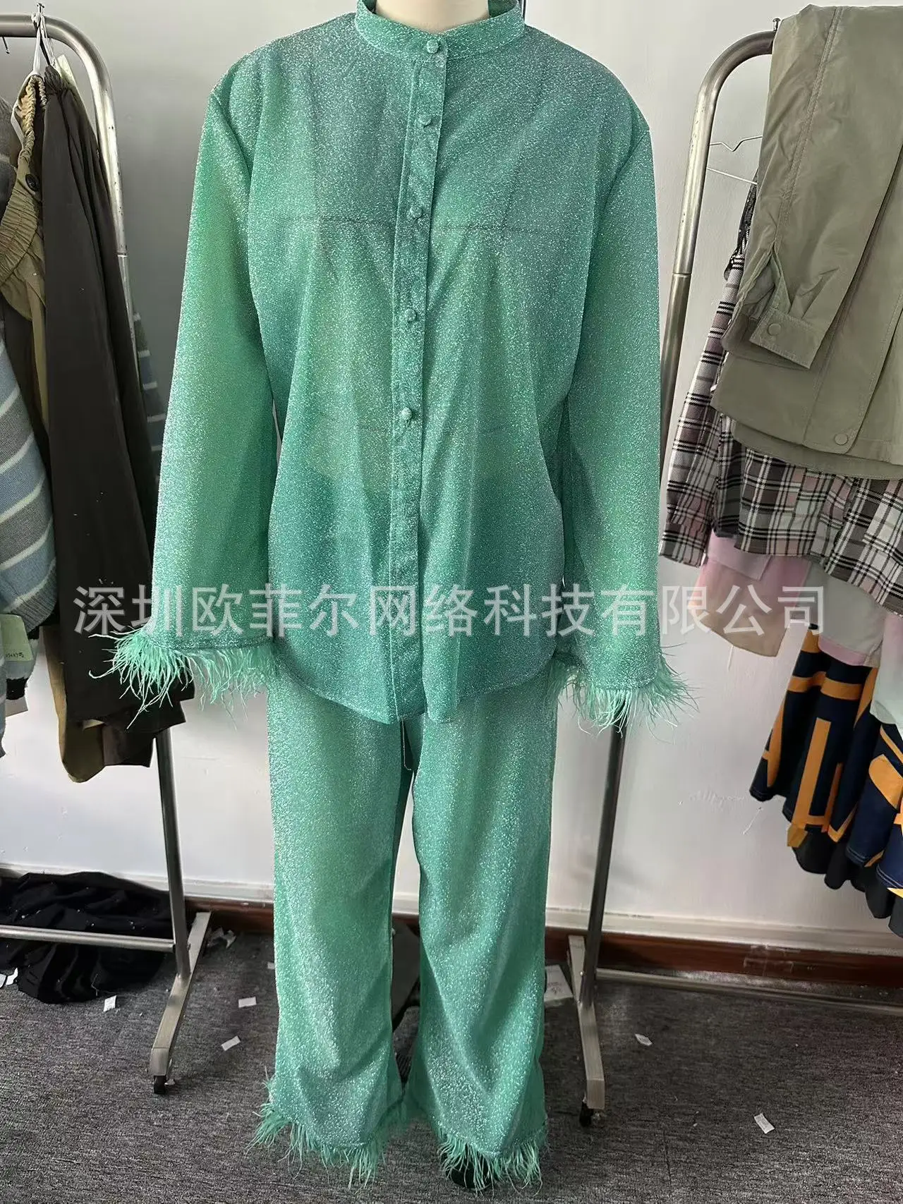 New Women's Feathers Splice Two Piece Sets Solid Stand Collar Button Long Sleeve Shirt Pants Suit Spring Elegant Women Outfits