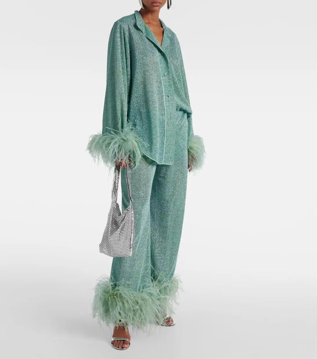 New Women's Feathers Splice Two Piece Sets Solid Stand Collar Button Long Sleeve Shirt Pants Suit Spring Elegant Women Outfits