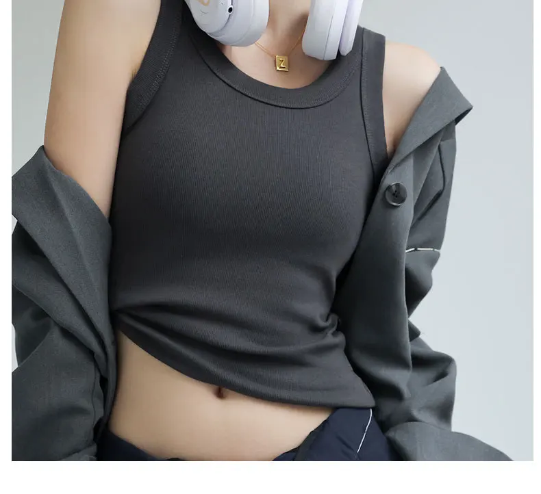 All-in-One Ribbed Camisole Women Crew Neck Built-in Bra Support Sleeveless Top for Casual Daily Wear Y2k Korean Fashion Clothing