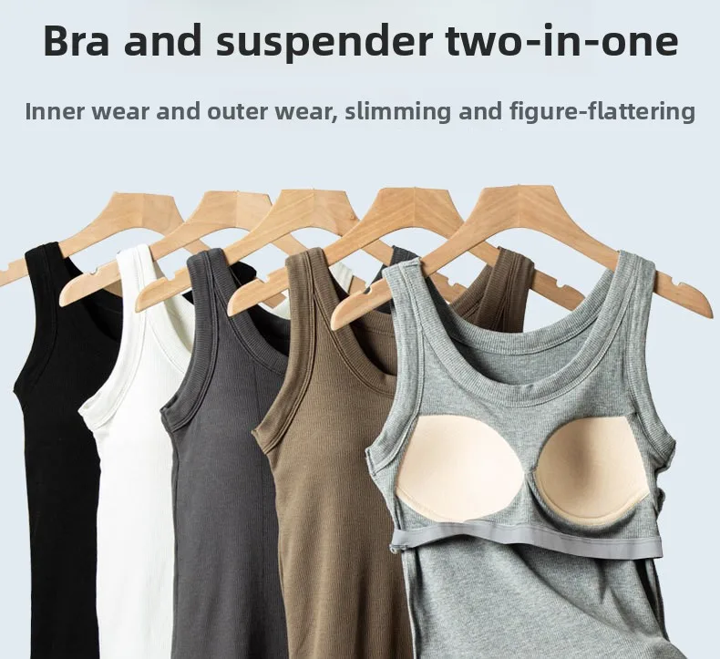 All-in-One Ribbed Camisole Women Crew Neck Built-in Bra Support Sleeveless Top for Casual Daily Wear Y2k Korean Fashion Clothing