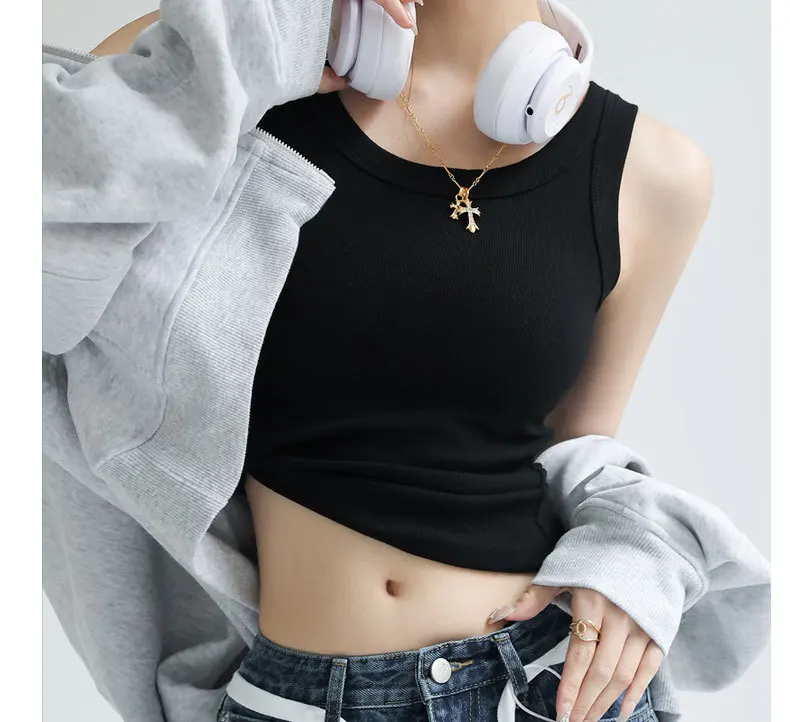 All-in-One Ribbed Camisole Women Crew Neck Built-in Bra Support Sleeveless Top for Casual Daily Wear Y2k Korean Fashion Clothing