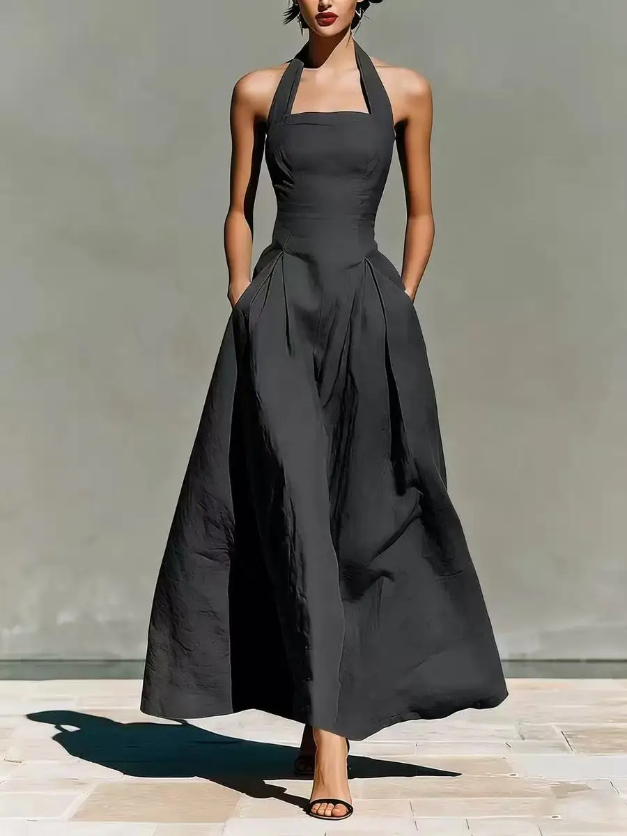 2026 European and American Spring and Summer Neck-Hanging Linen-Style Leisure Fashion Slim-Fitting Pocket