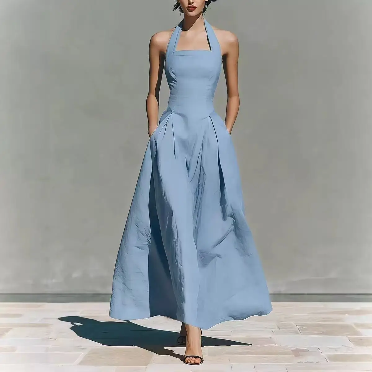 2026 European and American Spring and Summer Neck-Hanging Linen-Style Leisure Fashion Slim-Fitting Pocket