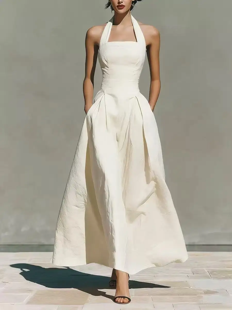 2026 European and American Spring and Summer Neck-Hanging Linen-Style Leisure Fashion Slim-Fitting Pocket