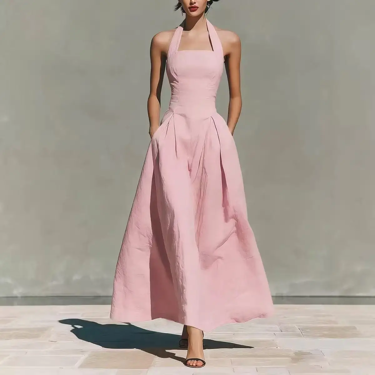 2026 European and American Spring and Summer Neck-Hanging Linen-Style Leisure Fashion Slim-Fitting Pocket