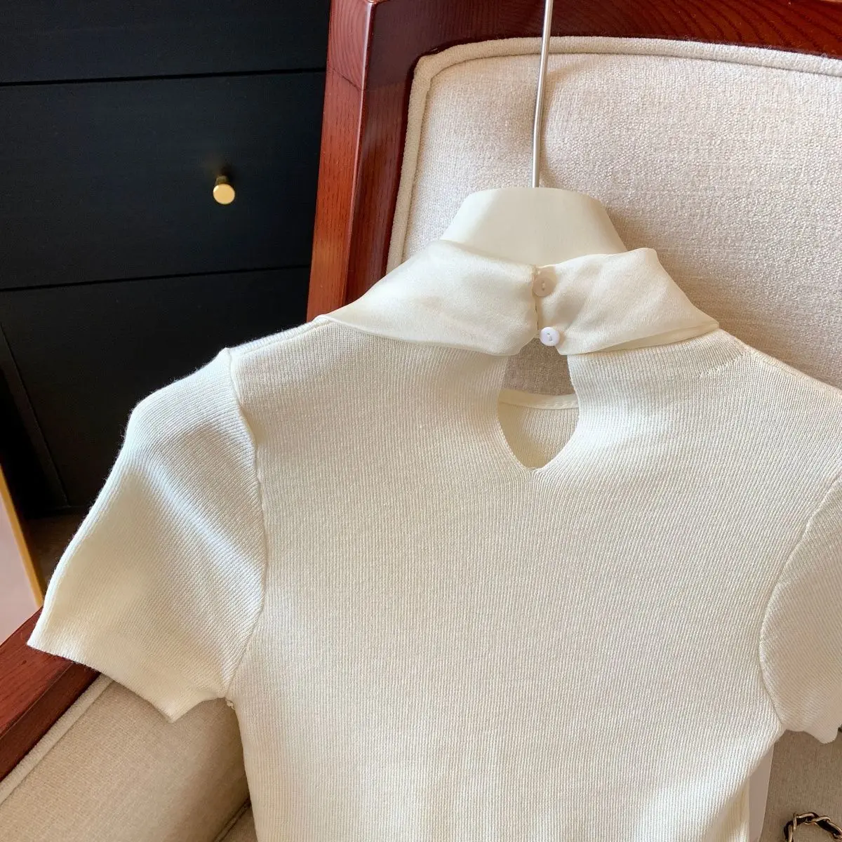 Knit Summer Short Sleeve Tee Women Elegant Luxury Bow Tied T Shirt Korean Sweet Work Wear Basic Plain Shirt Slim Fitted Pullover