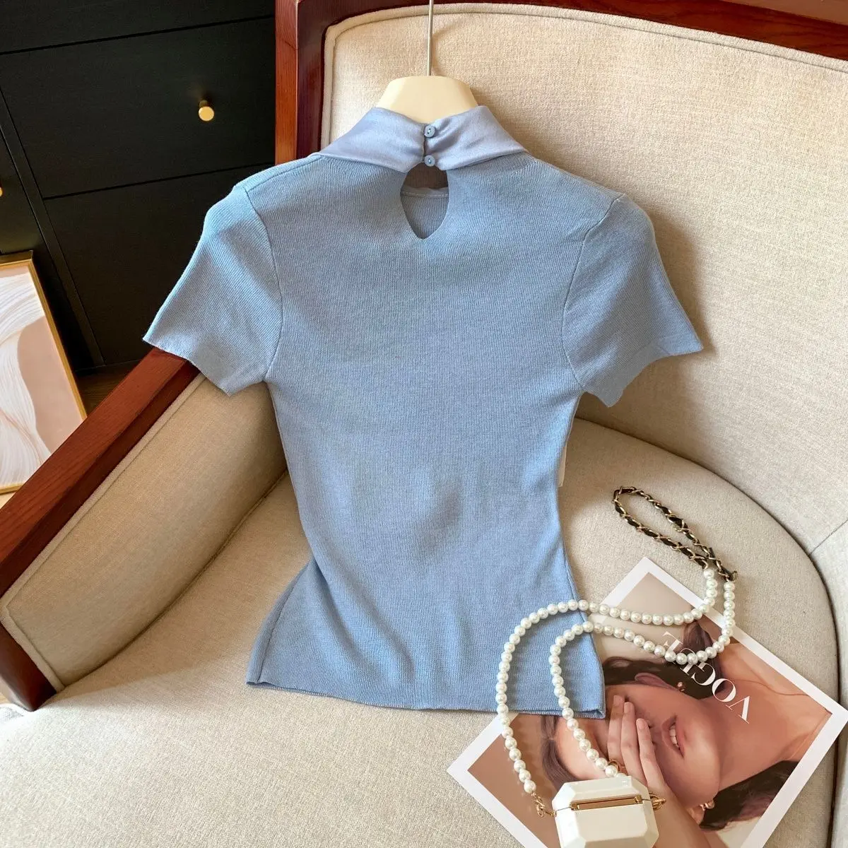 Knit Summer Short Sleeve Tee Women Elegant Luxury Bow Tied T Shirt Korean Sweet Work Wear Basic Plain Shirt Slim Fitted Pullover