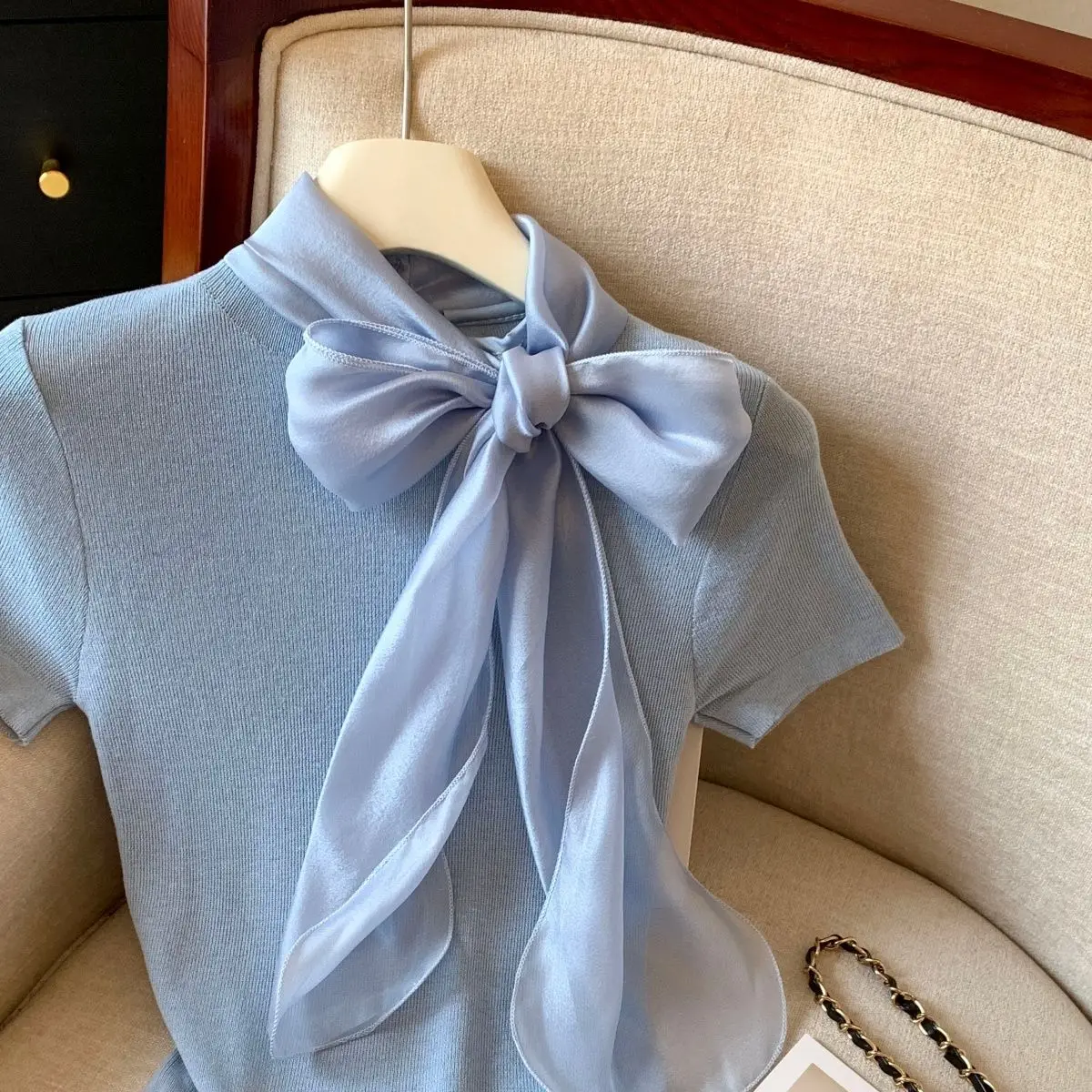 Knit Summer Short Sleeve Tee Women Elegant Luxury Bow Tied T Shirt Korean Sweet Work Wear Basic Plain Shirt Slim Fitted Pullover