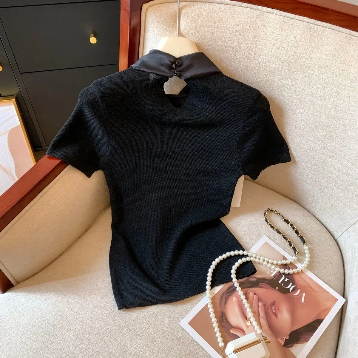 Knit Summer Short Sleeve Tee Women Elegant Luxury Bow Tied T Shirt Korean Sweet Work Wear Basic Plain Shirt Slim Fitted Pullover