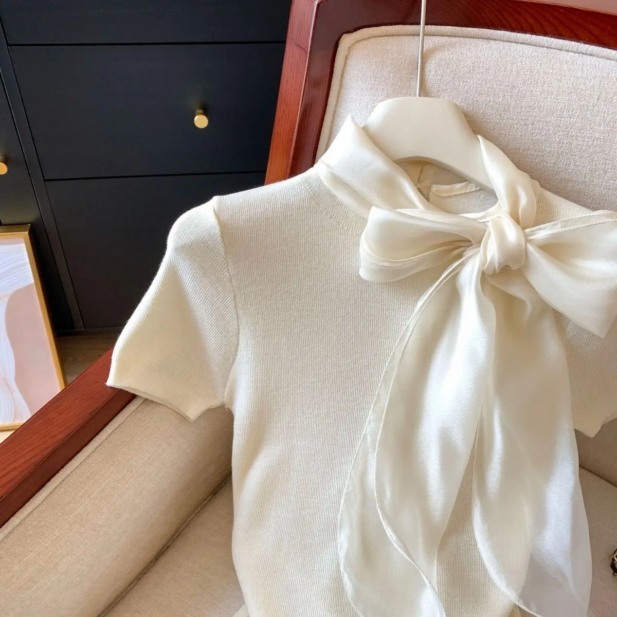 Knit Summer Short Sleeve Tee Women Elegant Luxury Bow Tied T Shirt Korean Sweet Work Wear Basic Plain Shirt Slim Fitted Pullover