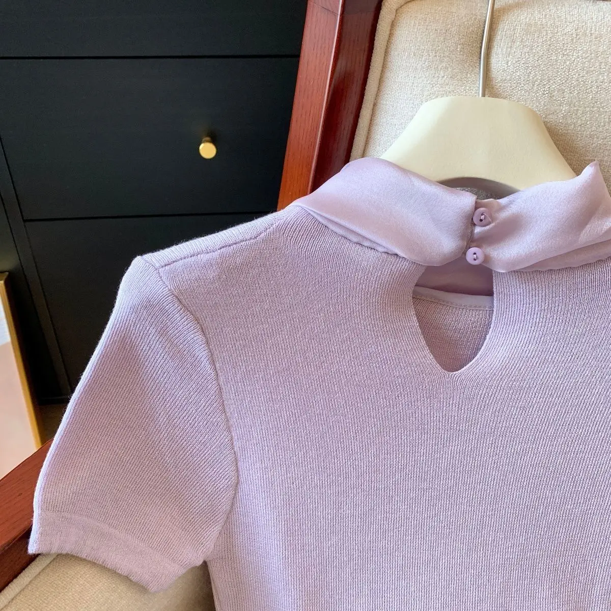 Knit Summer Short Sleeve Tee Women Elegant Luxury Bow Tied T Shirt Korean Sweet Work Wear Basic Plain Shirt Slim Fitted Pullover