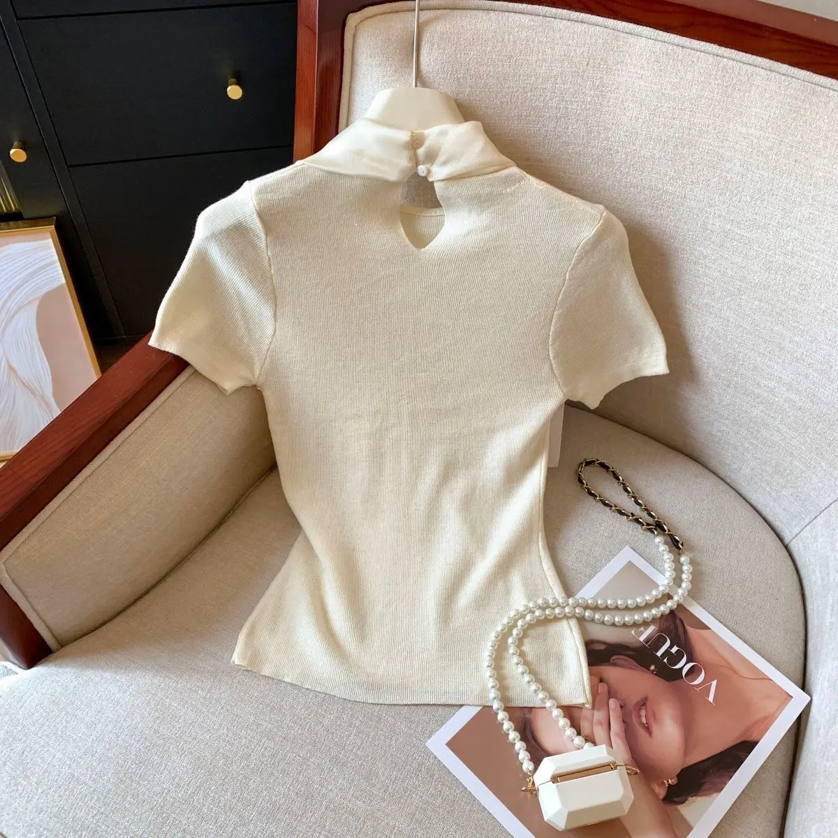 Knit Summer Short Sleeve Tee Women Elegant Luxury Bow Tied T Shirt Korean Sweet Work Wear Basic Plain Shirt Slim Fitted Pullover
