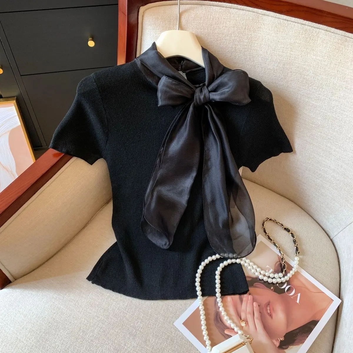 Knit Summer Short Sleeve Tee Women Elegant Luxury Bow Tied T Shirt Korean Sweet Work Wear Basic Plain Shirt Slim Fitted Pullover