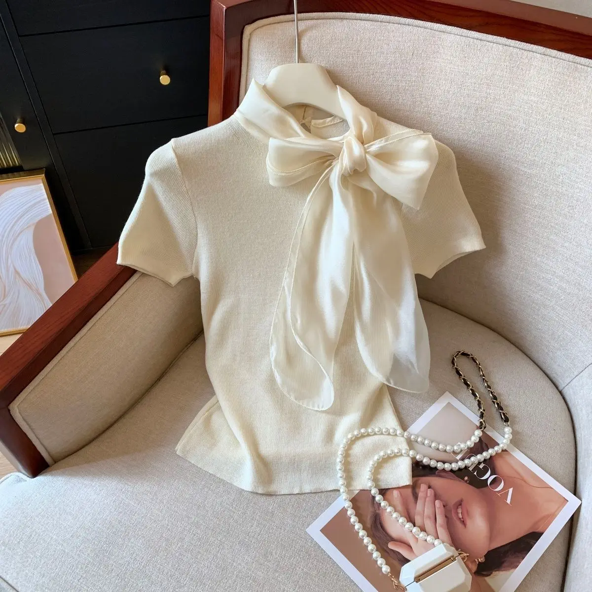 Knit Summer Short Sleeve Tee Women Elegant Luxury Bow Tied T Shirt Korean Sweet Work Wear Basic Plain Shirt Slim Fitted Pullover