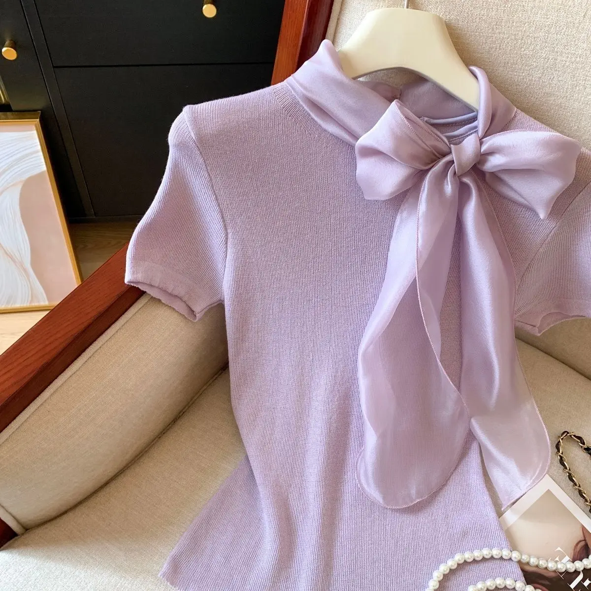 Knit Summer Short Sleeve Tee Women Elegant Luxury Bow Tied T Shirt Korean Sweet Work Wear Basic Plain Shirt Slim Fitted Pullover